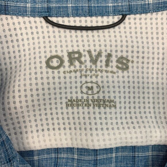 Orvis Woven Tech Shirt Mens M Medium Copen Blue Pocket Button Up Plaid - Picture 5 of 12